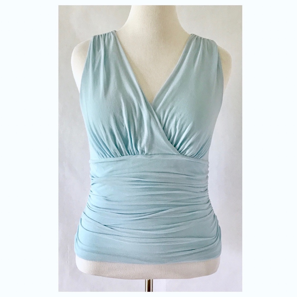Karen Kane Surplus Ruched Light Blue Knit Top
